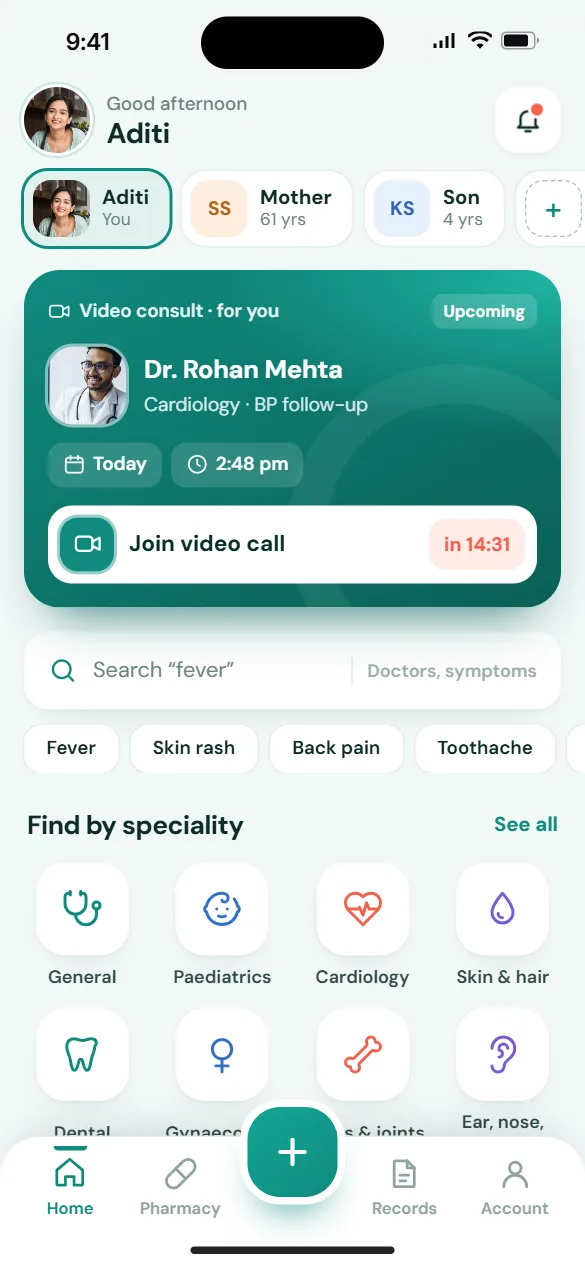 Arogya Care app home screen