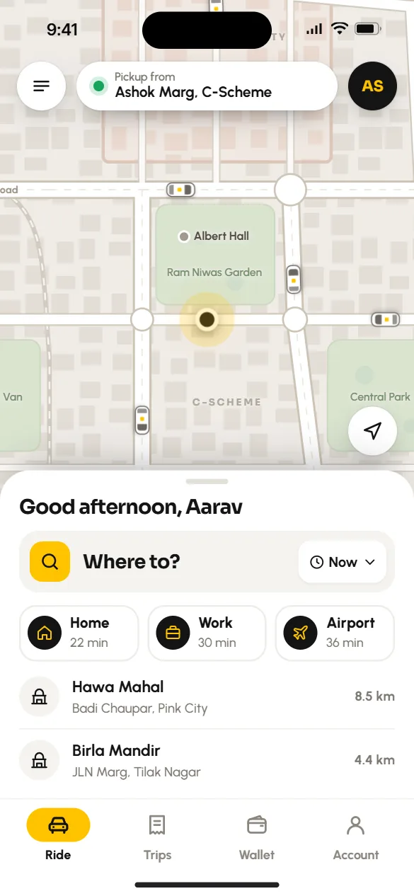 CityRide app home screen